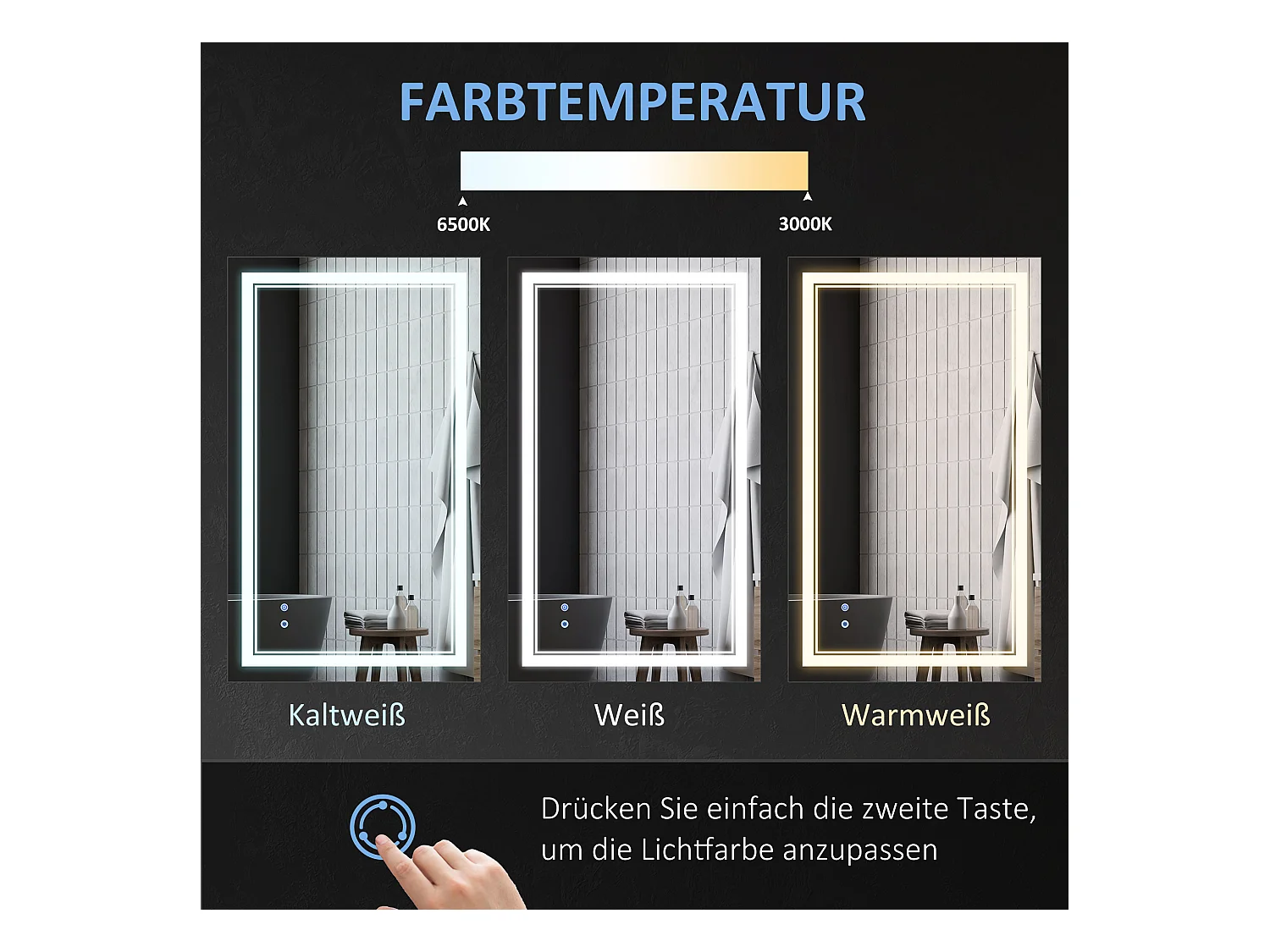 Specchio da bagno con illuminazione a LED, impermeabile IP44, 3 colori di luce, alluminio, argento (100x60x3,2 cm)