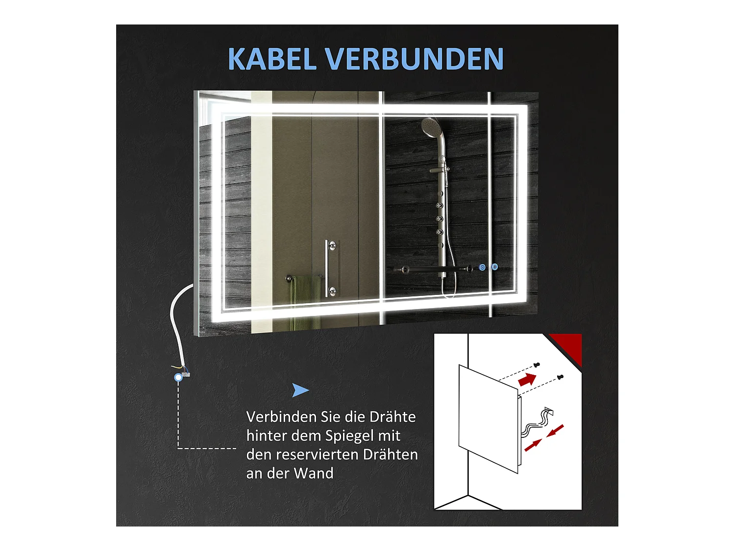 Specchio da bagno con illuminazione a LED, impermeabile IP44, 3 colori di luce, alluminio, argento (100x60x3,2 cm)