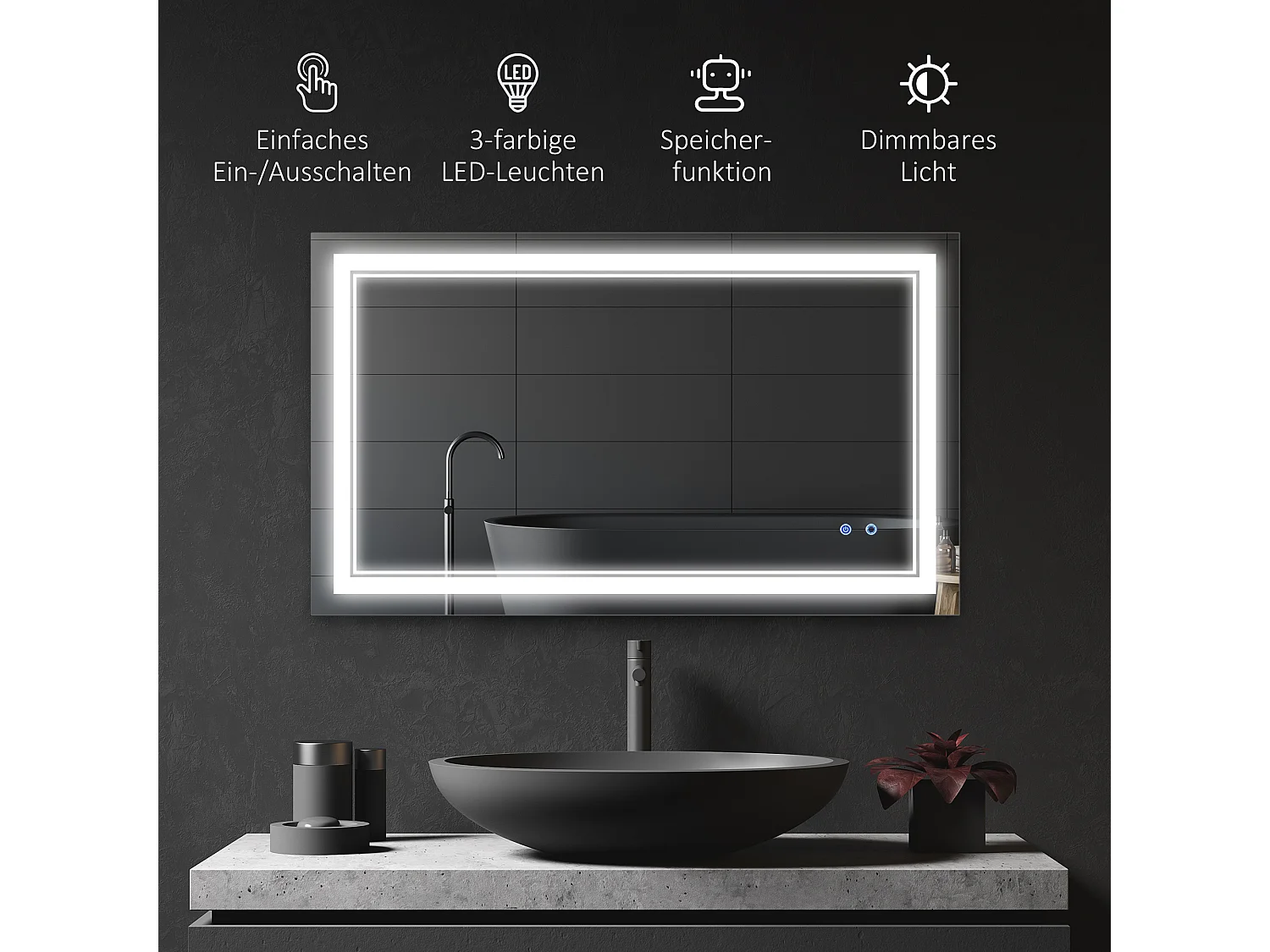 Miroir de salle de bain avec éclairage LED, étanche IP44, 3 couleurs de lumière, aluminium, argenté (100x60x3.2 cm)