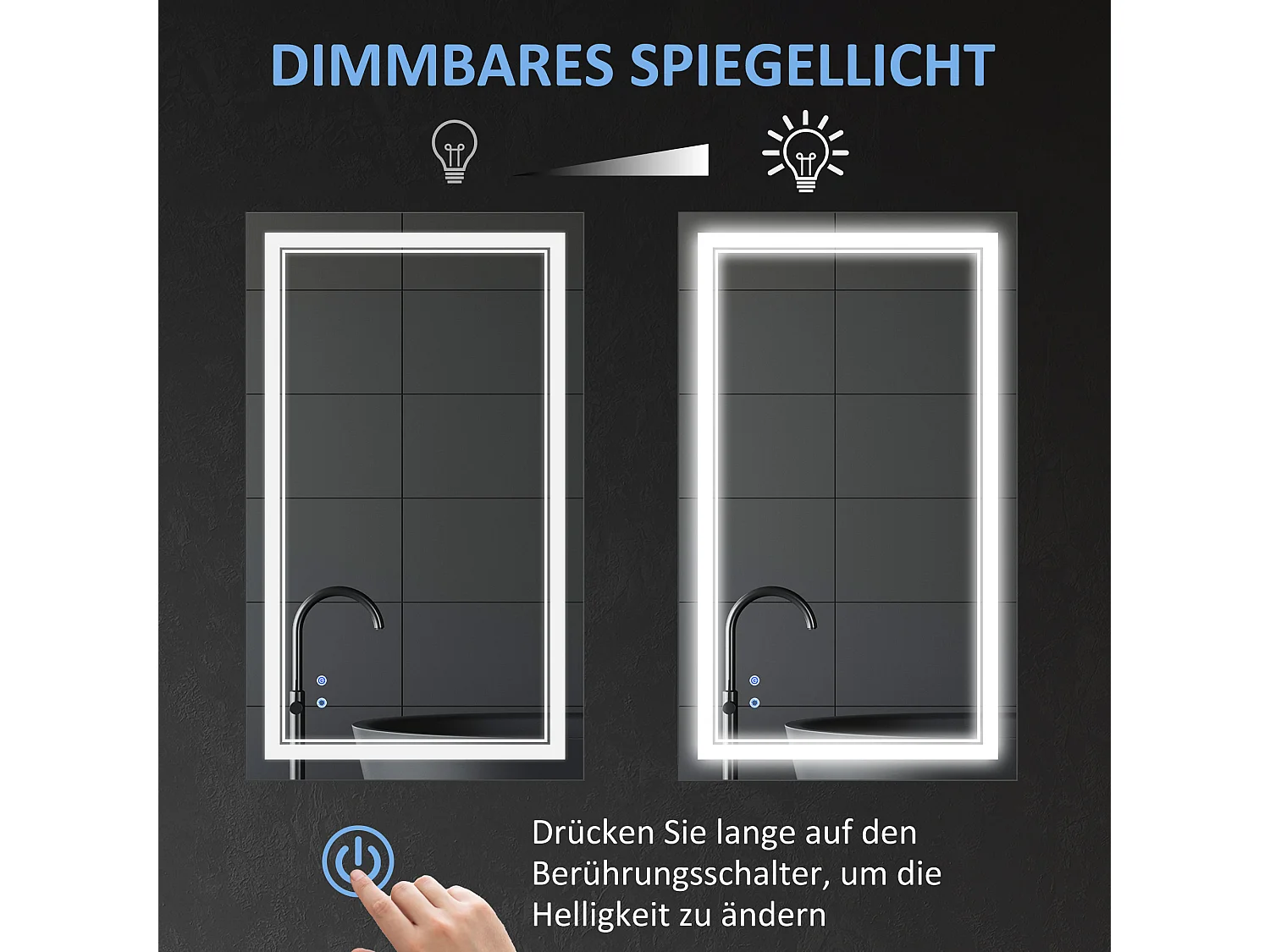 Miroir de salle de bain avec éclairage LED, étanche IP44, 3 couleurs de lumière, aluminium, argenté (100x60x3.2 cm)