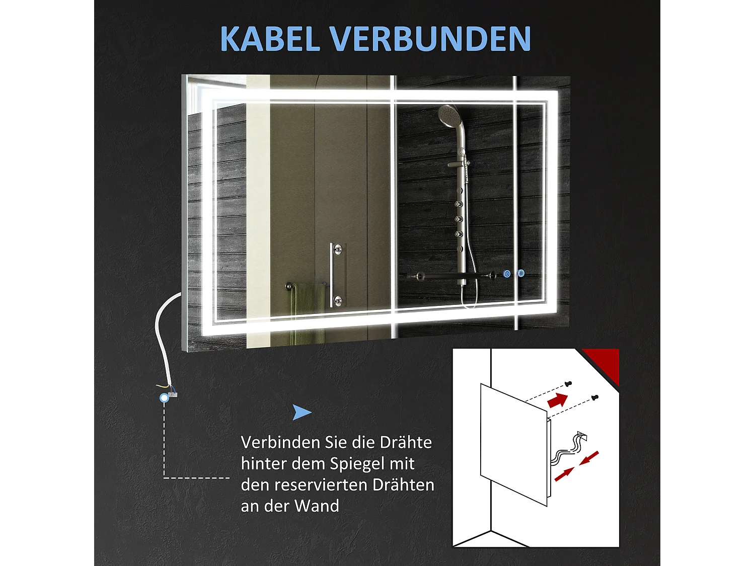 Miroir de salle de bain avec éclairage LED, étanche IP44, 3 couleurs de lumière, aluminium, argenté (100x60x3.2 cm)