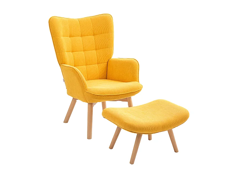 Relaxfauteuil met voetenbankje, geribbelde stof, hout, oranje (72x80x101 cm)