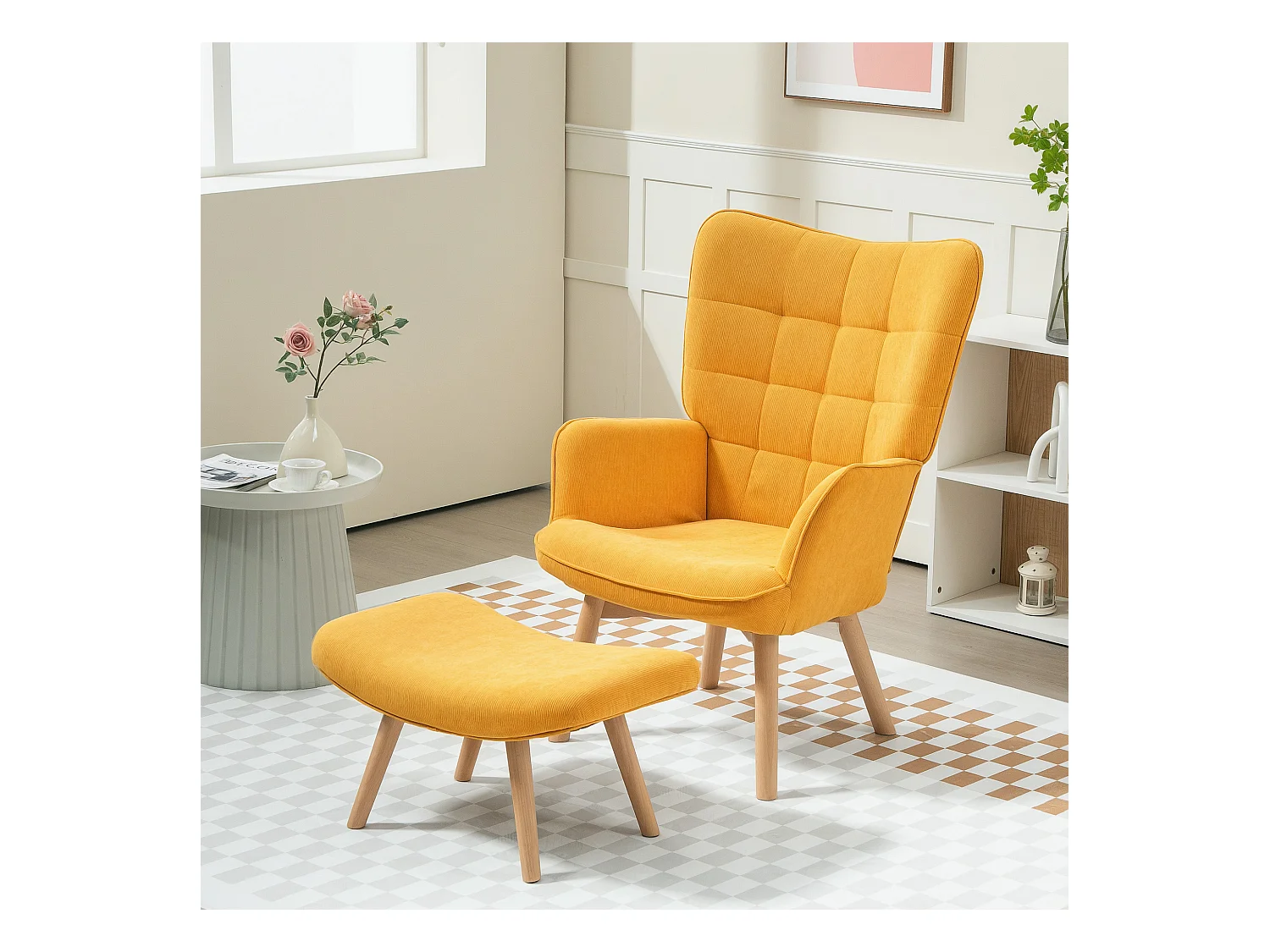 Relaxfauteuil met voetenbankje, geribbelde stof, hout, oranje (72x80x101 cm)