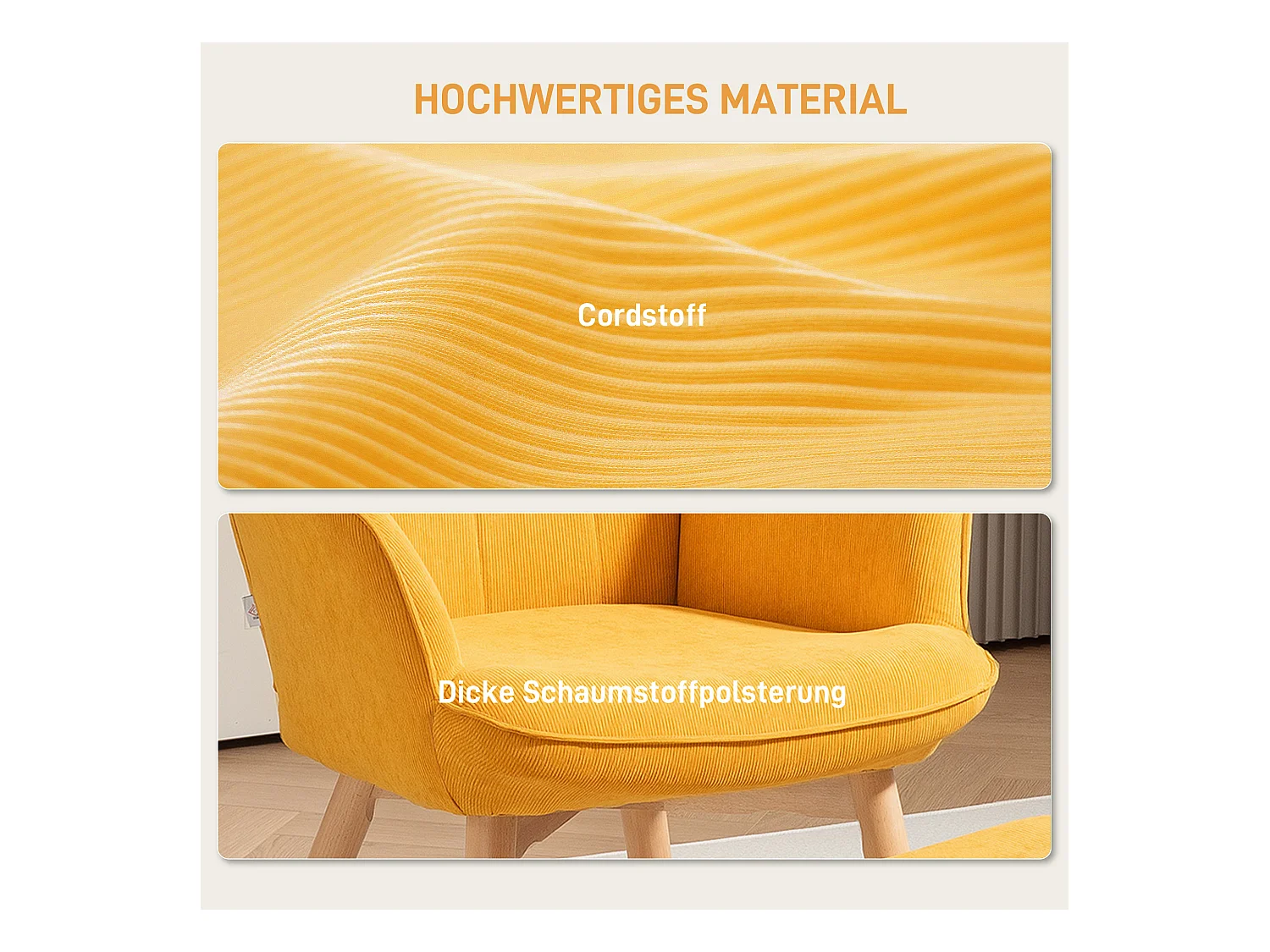 Relaxfauteuil met voetenbankje, geribbelde stof, hout, oranje (72x80x101 cm)