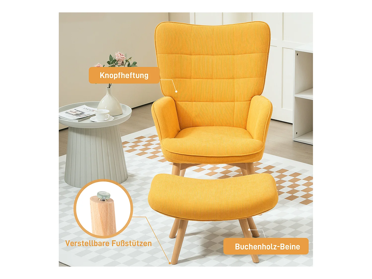 Relaxfauteuil met voetenbankje, geribbelde stof, hout, oranje (72x80x101 cm)