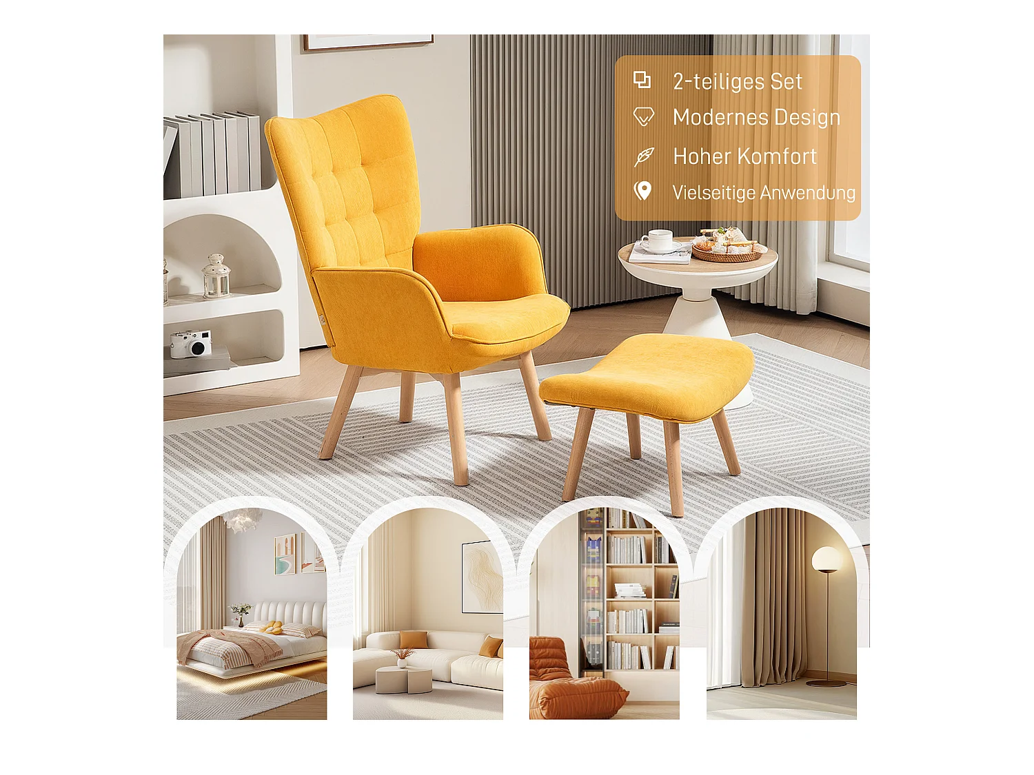 Relaxfauteuil met voetenbankje, geribbelde stof, hout, oranje (72x80x101 cm)