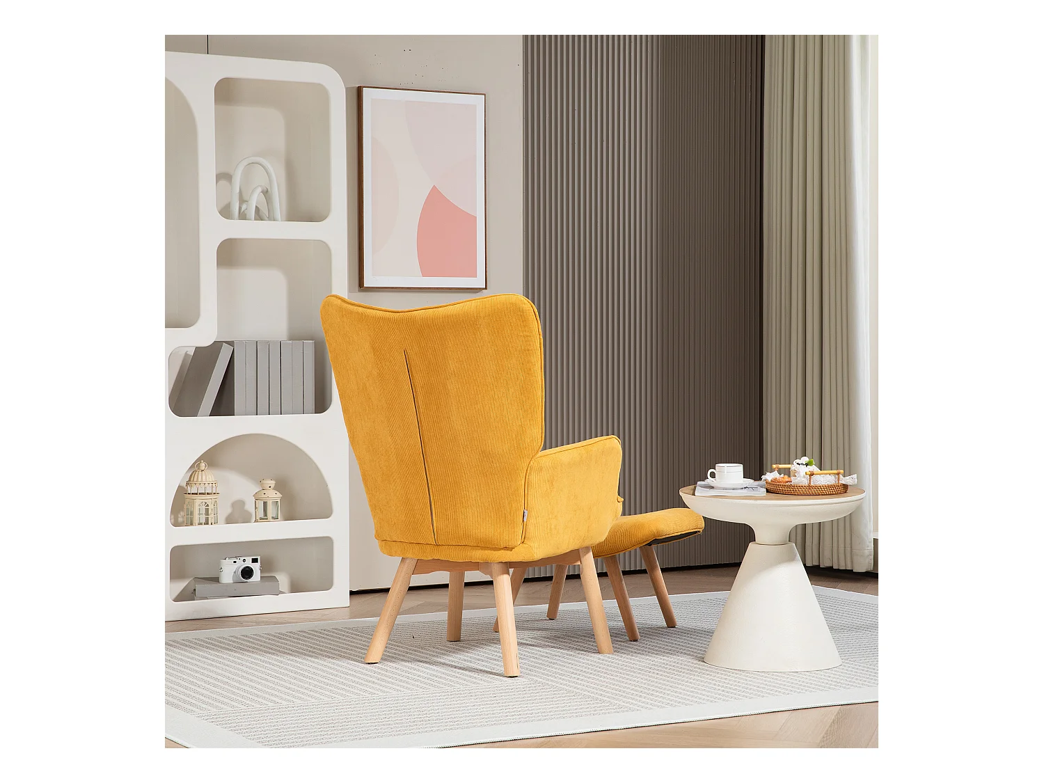 Relaxfauteuil met voetenbankje, geribbelde stof, hout, oranje (72x80x101 cm)