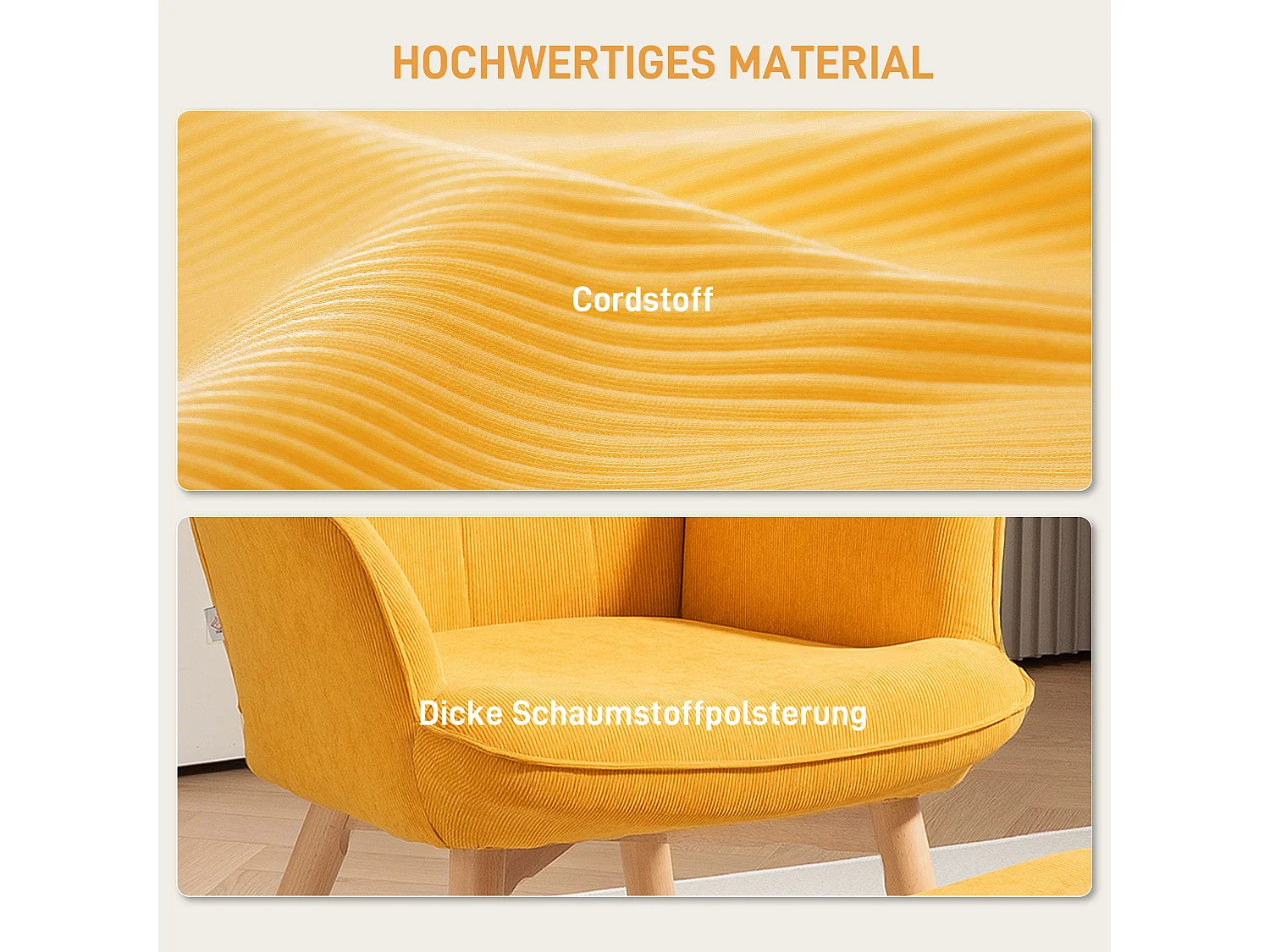 Fauteuil relax avec repose-pieds, tissu côtelé, bois, orange (72x80x101 cm)