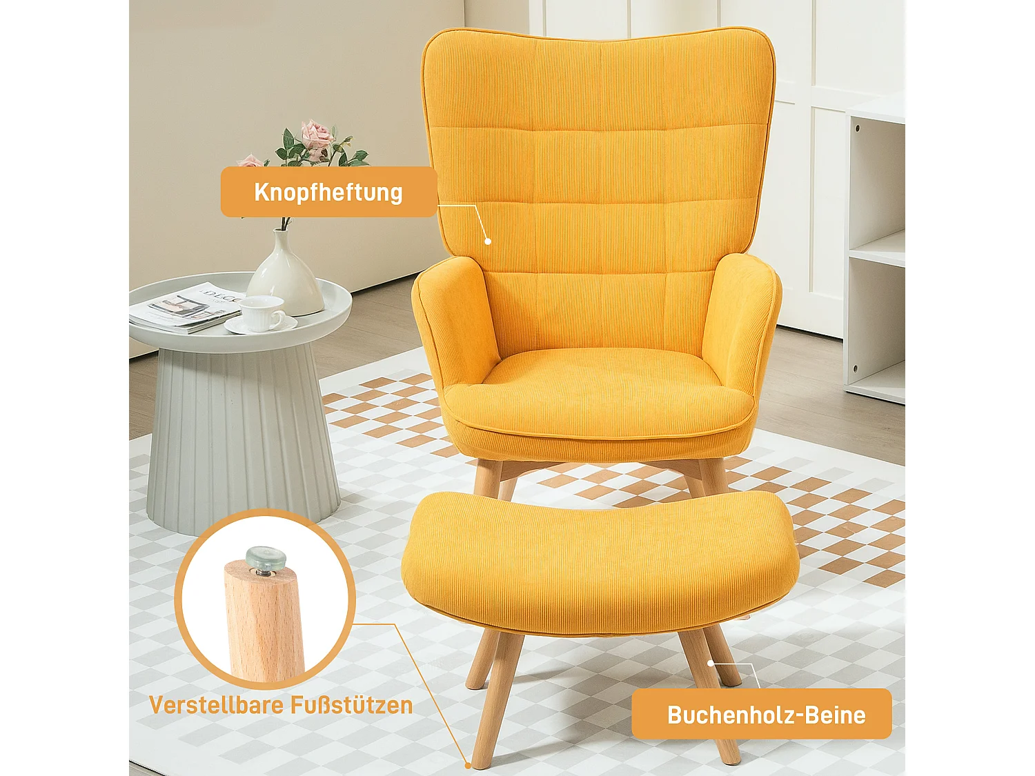 Fauteuil relax avec repose-pieds, tissu côtelé, bois, orange (72x80x101 cm)