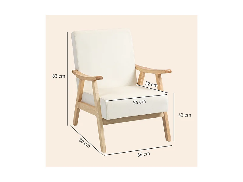 Fauteuil relax nordique avec accoudoirs, cadre en bois, tissu velours, crème (80x65x83 cm)