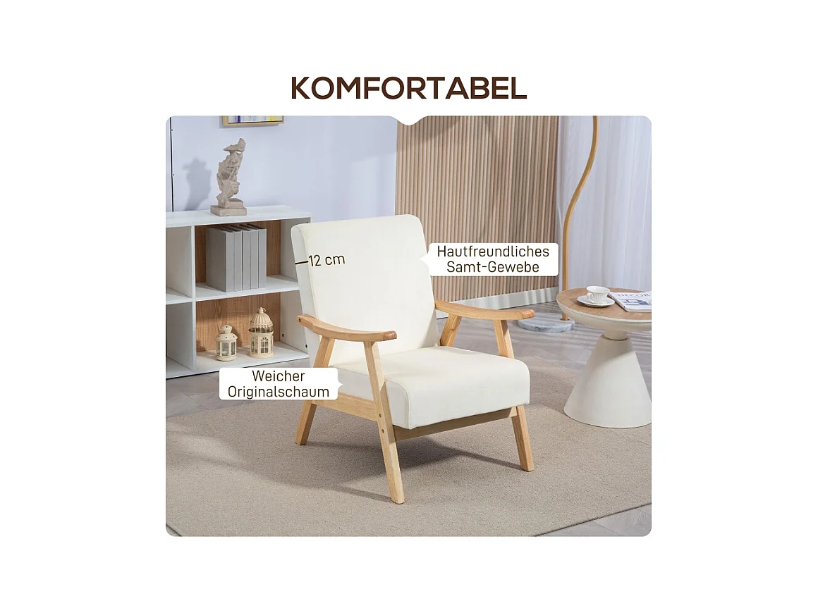 Fauteuil relax nordique avec accoudoirs, cadre en bois, tissu velours, crème (80x65x83 cm)