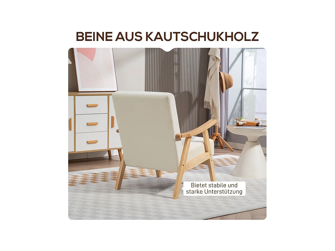 Fauteuil relax nordique avec accoudoirs, cadre en bois, tissu velours, crème (80x65x83 cm)