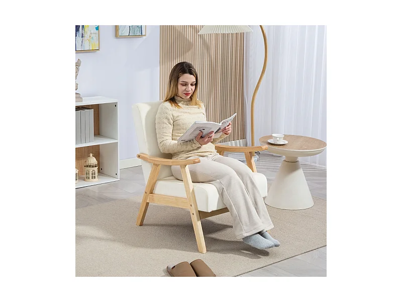 Fauteuil relax nordique avec accoudoirs, cadre en bois, tissu velours, crème (80x65x83 cm)