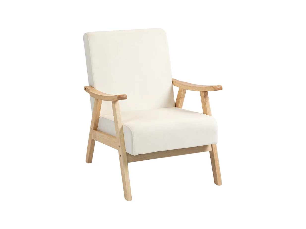 Fauteuil relax nordique avec accoudoirs, cadre en bois, tissu velours, crème (80x65x83 cm)