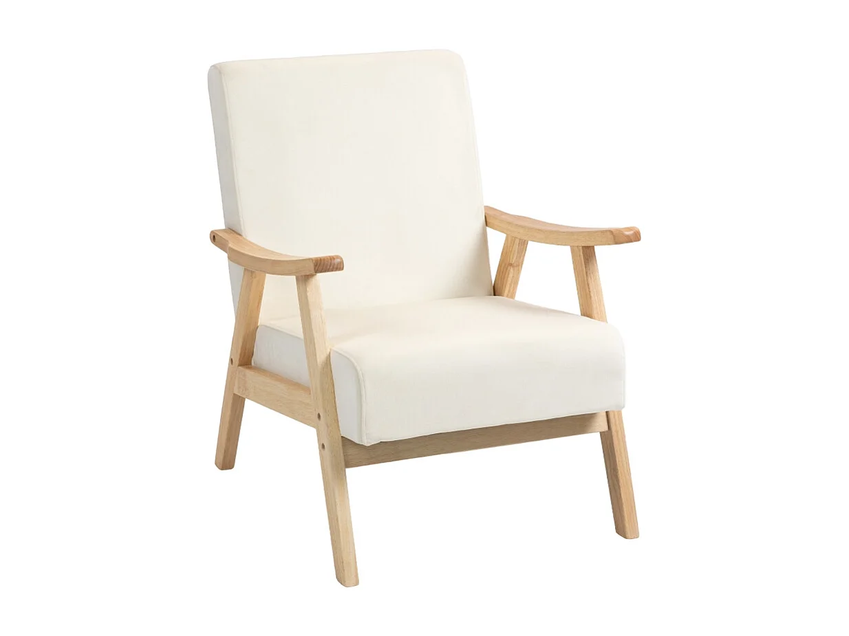 Fauteuil relax nordique avec accoudoirs, cadre en bois, tissu velours, crème (80x65x83 cm)