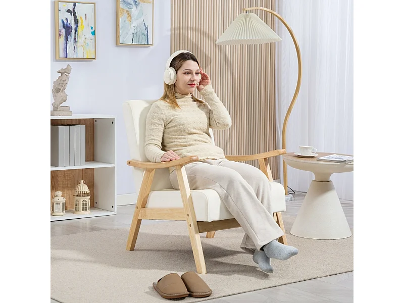 Fauteuil relax nordique avec accoudoirs, cadre en bois, tissu velours, crème (80x65x83 cm)