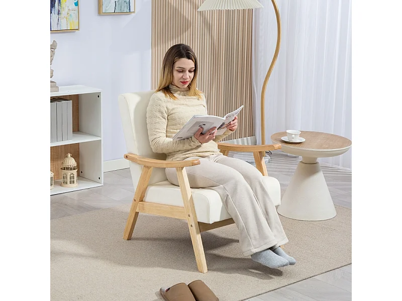 Fauteuil relax nordique avec accoudoirs, cadre en bois, tissu velours, crème (80x65x83 cm)