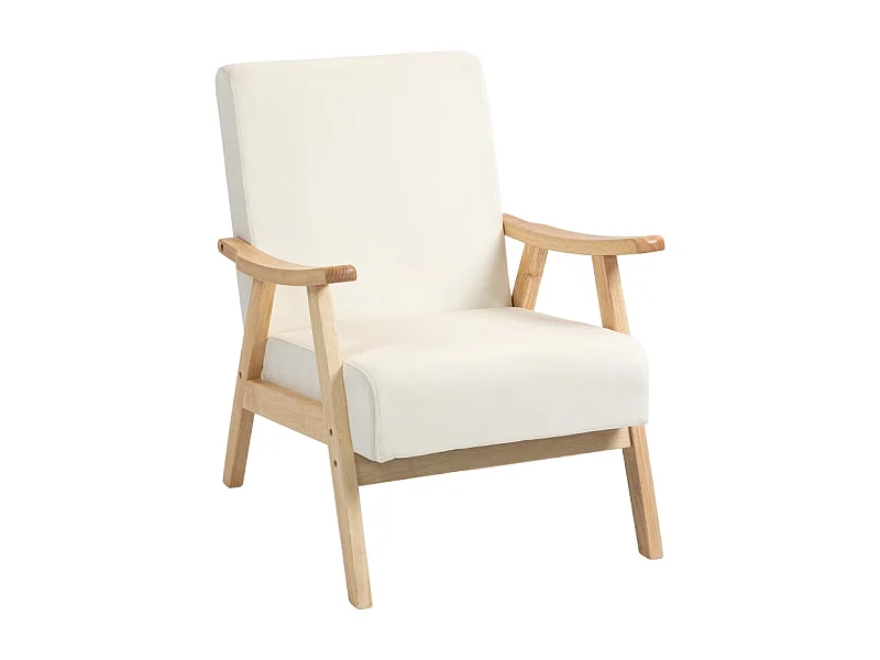 Fauteuil relax nordique avec accoudoirs, cadre en bois, tissu velours, crème (80x65x83 cm)