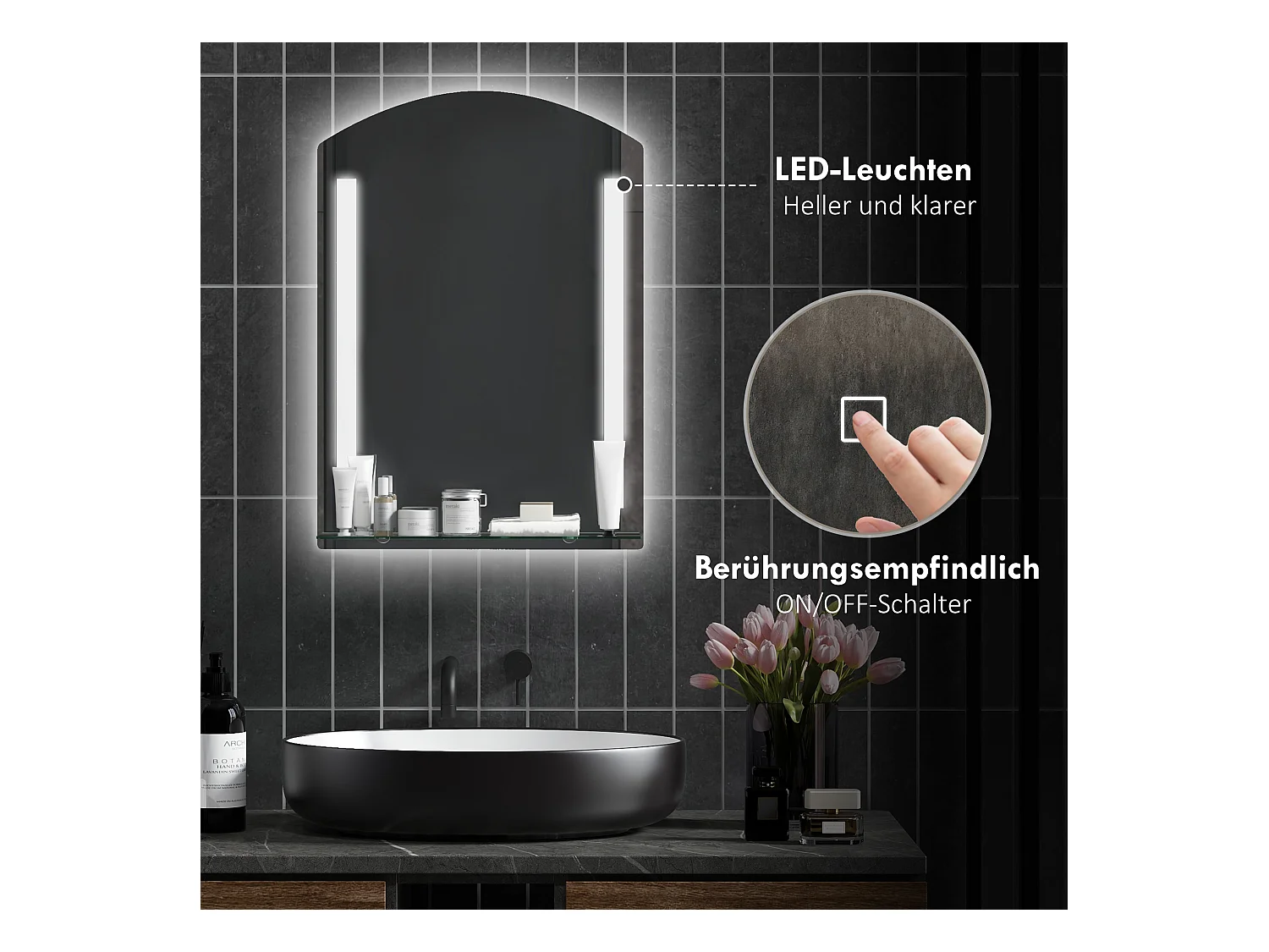 Miroir de salle de bain lumineux, 3 couleurs de lumière, avec interrupteur tactile, aluminium, argenté (50x12x70 cm)