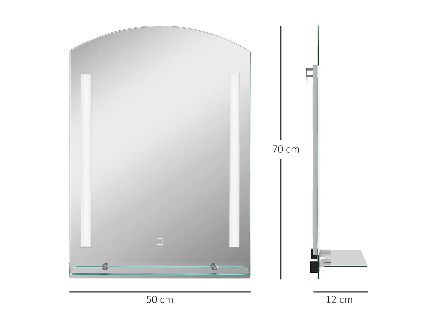 Miroir de salle de bain lumineux, 3 couleurs de lumière, avec interrupteur tactile, aluminium, argenté (50x12x70 cm)