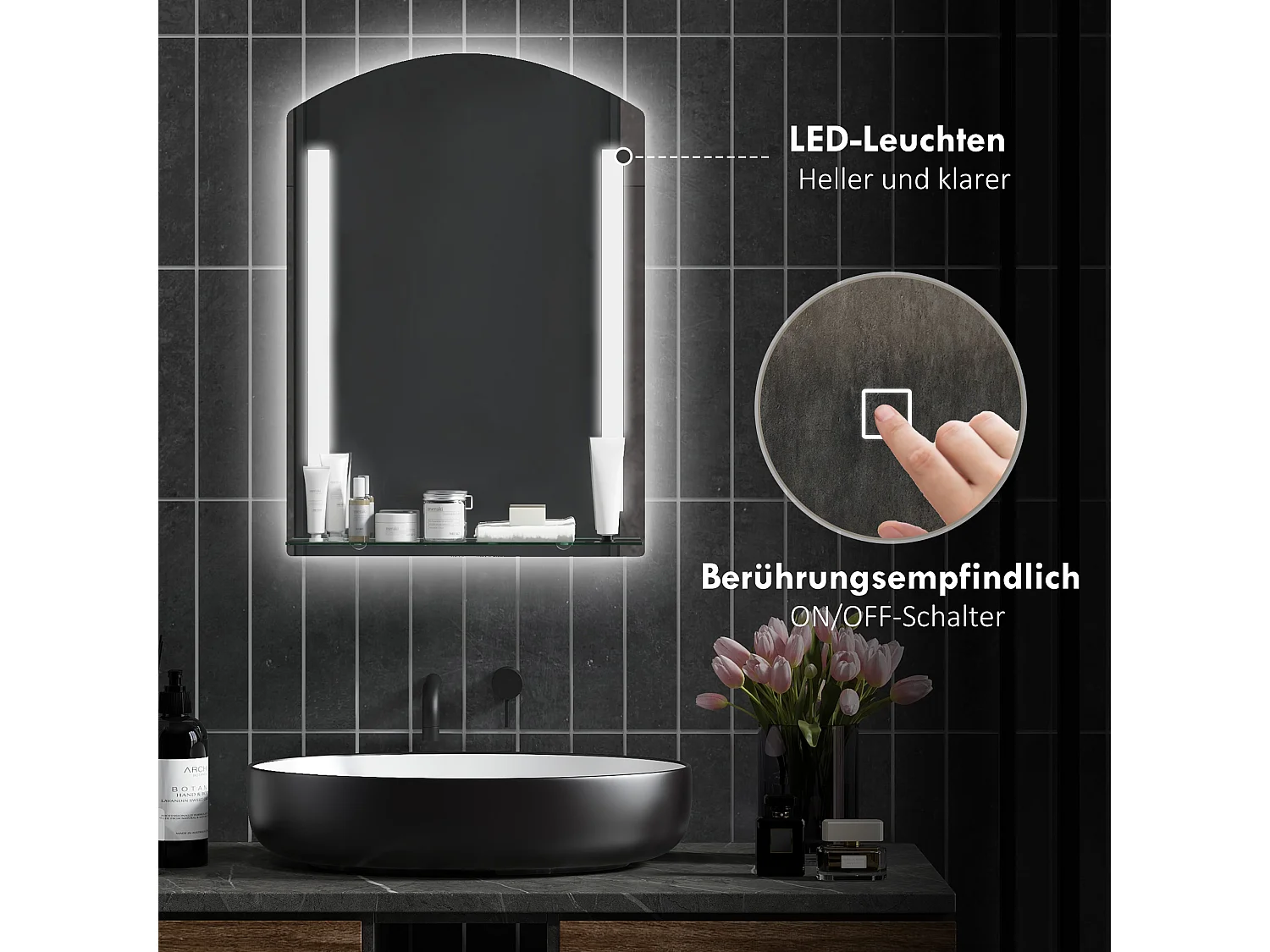 Miroir de salle de bain lumineux, 3 couleurs de lumière, avec interrupteur tactile, aluminium, argenté (50x12x70 cm)