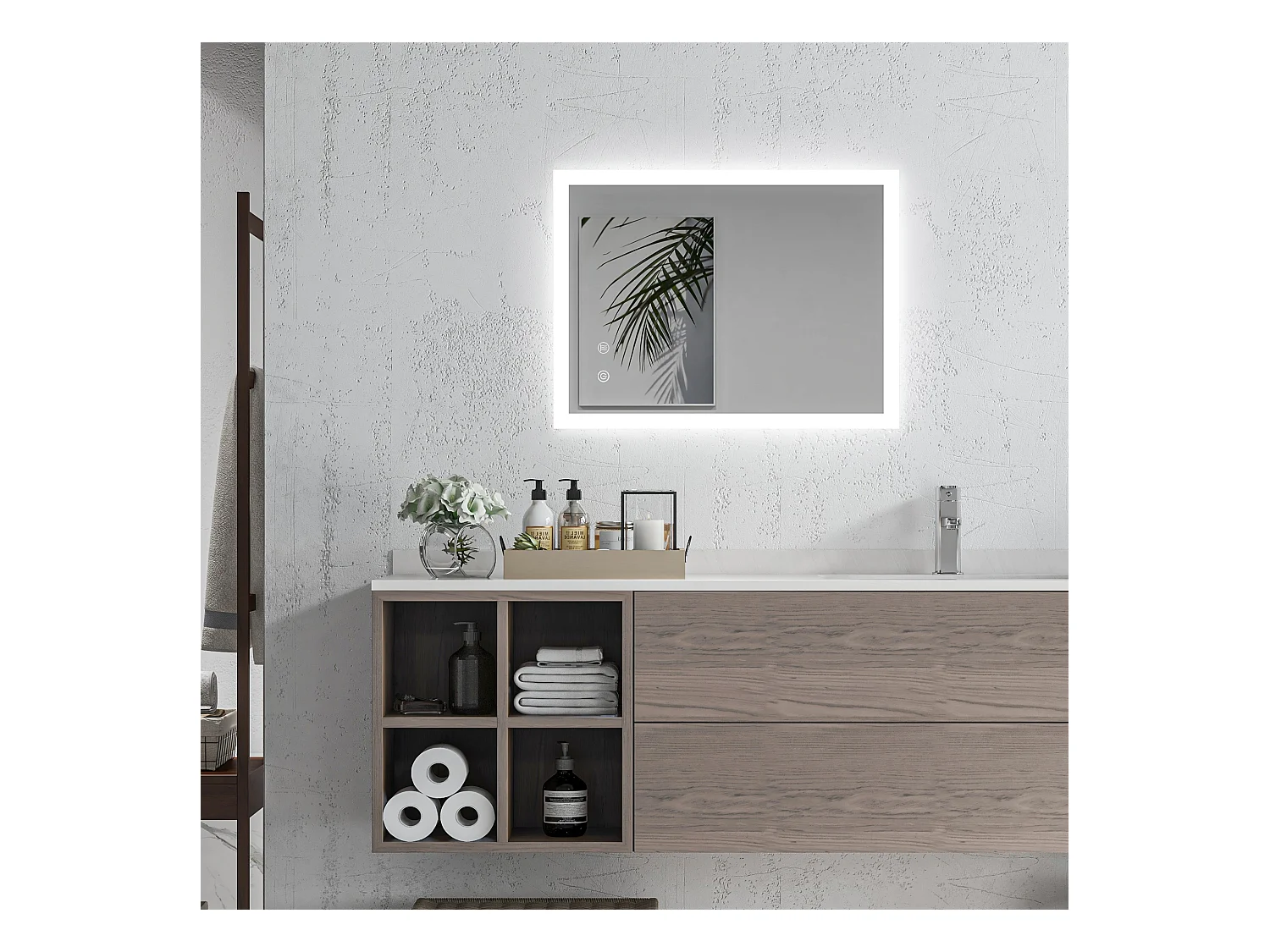 Miroir de salle de bain LED avec éclairage réglable, anti-buée, verre trempé blanc (70x50x3cm)