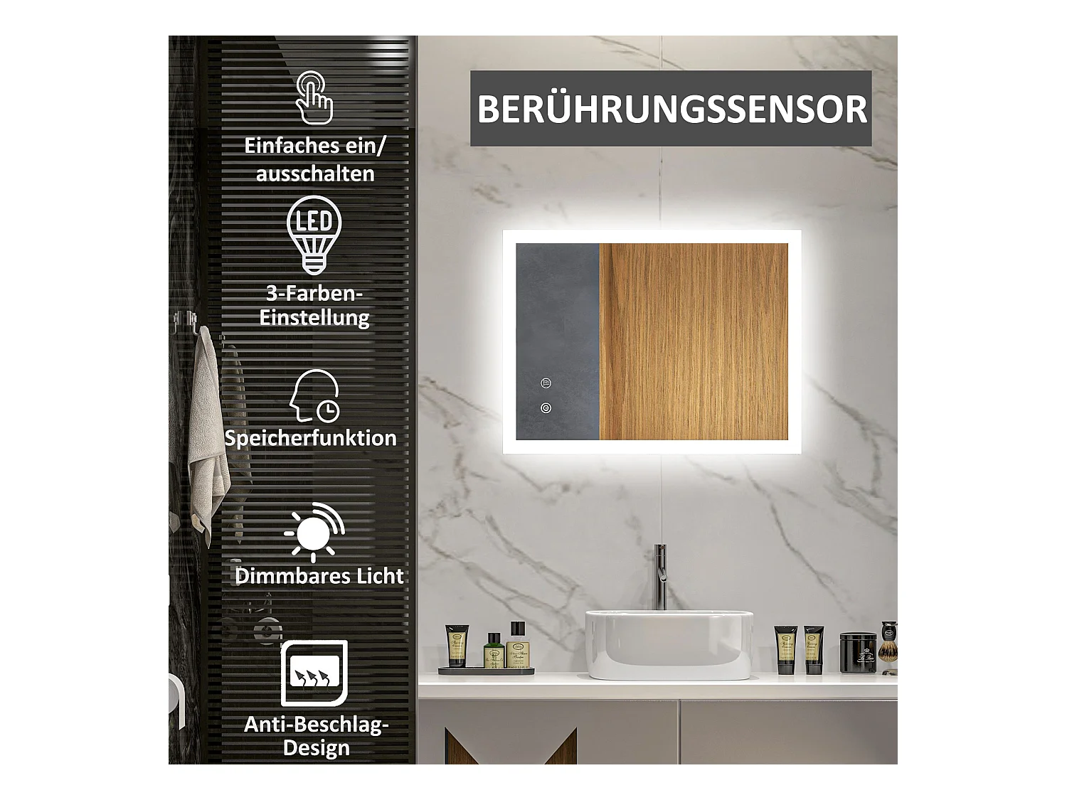 Miroir de salle de bain LED avec éclairage réglable, anti-buée, verre trempé blanc (70x50x3cm)