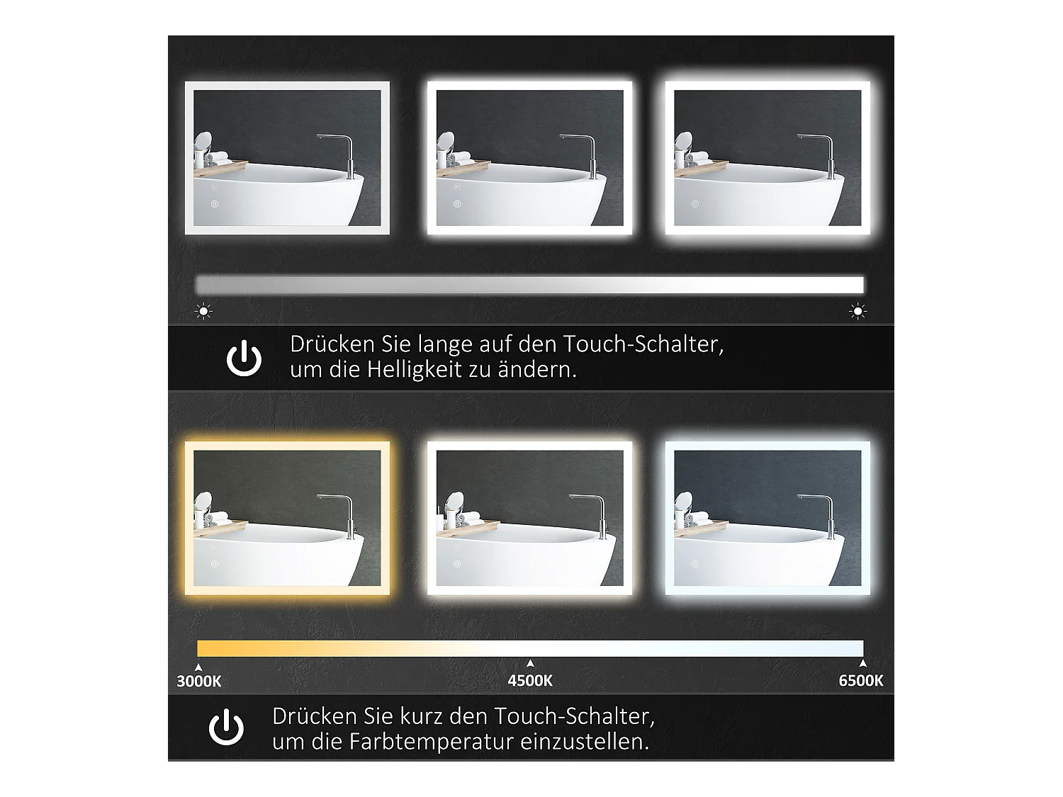 Miroir de salle de bain LED avec éclairage réglable, anti-buée, verre trempé blanc (70x50x3cm)