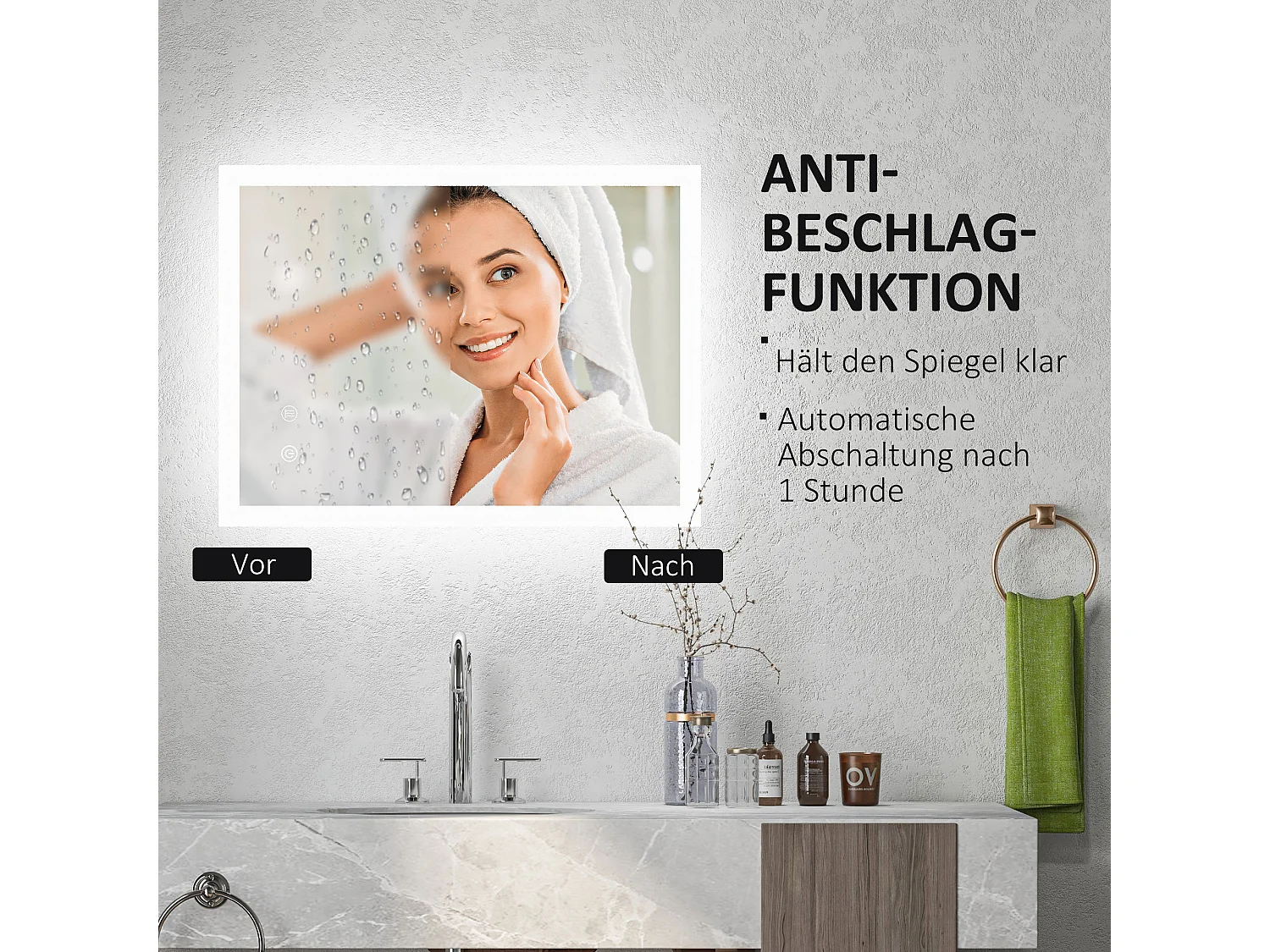 Miroir de salle de bain LED avec éclairage réglable, anti-buée, verre trempé blanc (70x50x3cm)