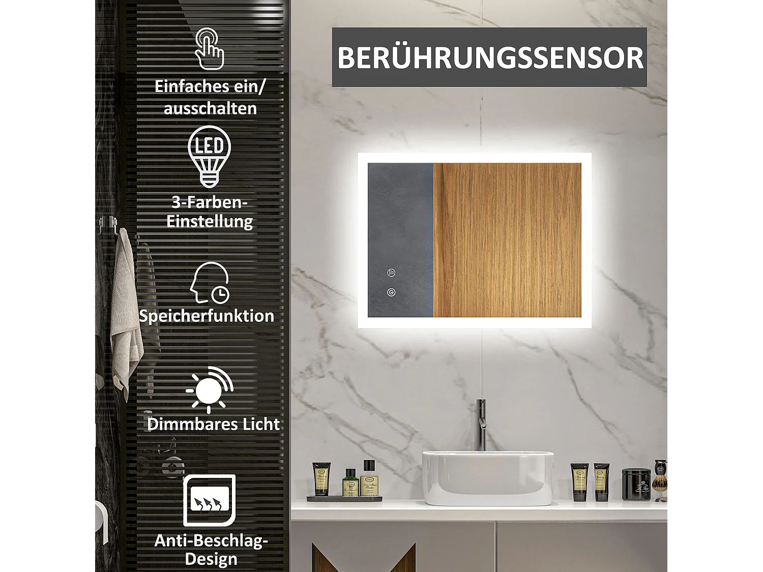 Miroir de salle de bain LED avec éclairage réglable, anti-buée, verre trempé blanc (70x50x3cm)