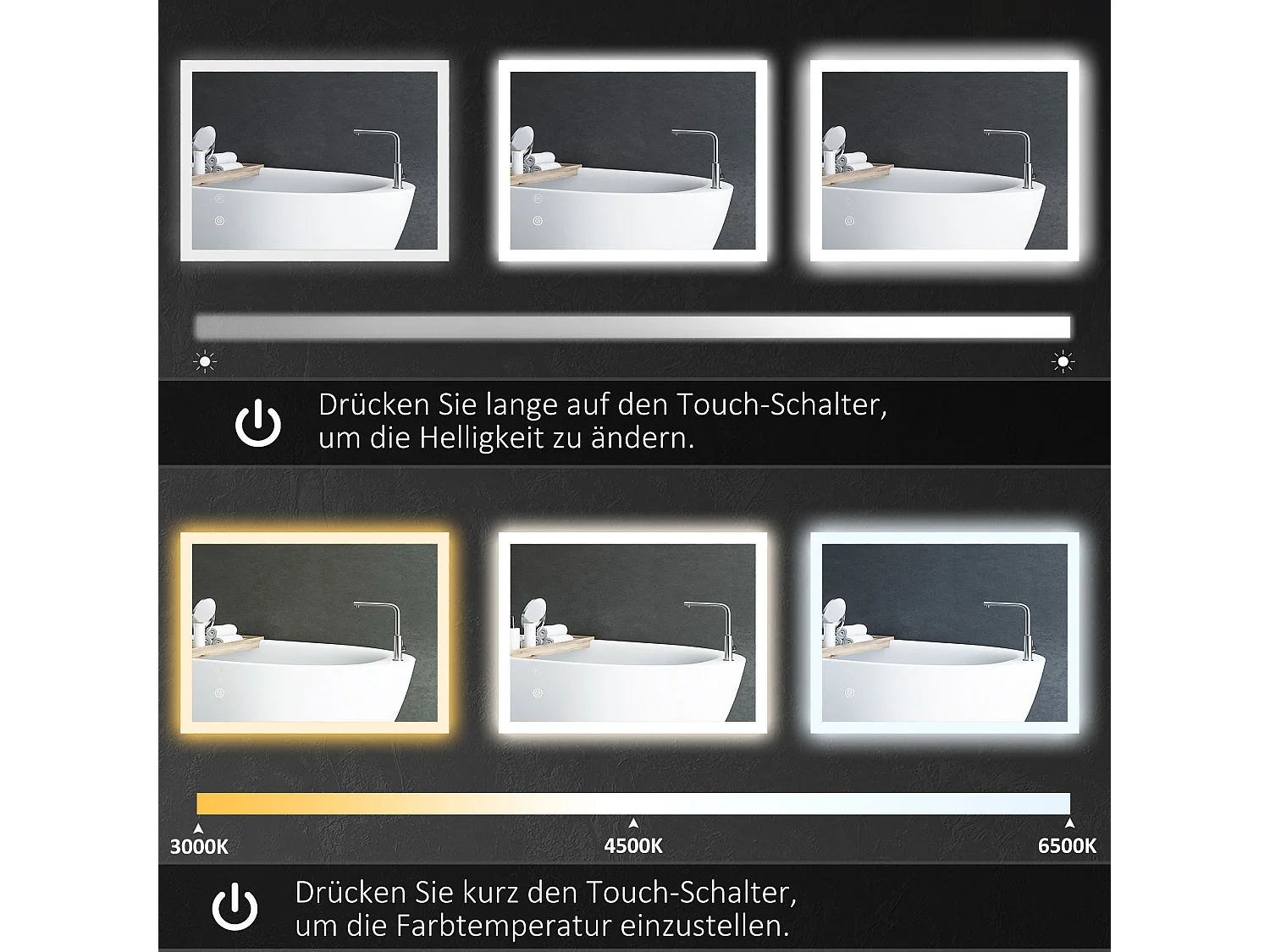 Miroir de salle de bain LED avec éclairage réglable, anti-buée, verre trempé blanc (70x50x3cm)