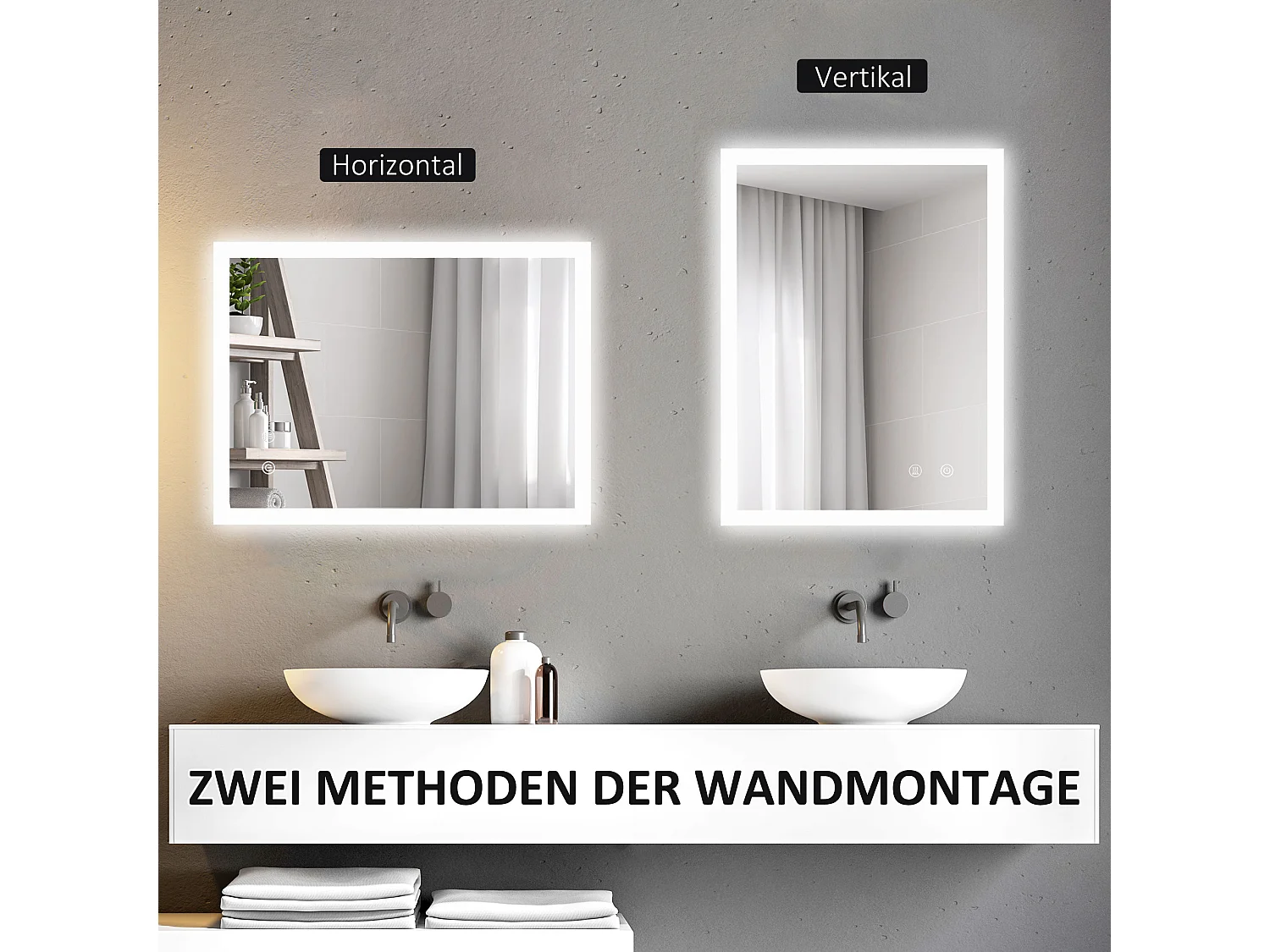 Miroir de salle de bain LED avec éclairage réglable, anti-buée, verre trempé blanc (70x50x3cm)