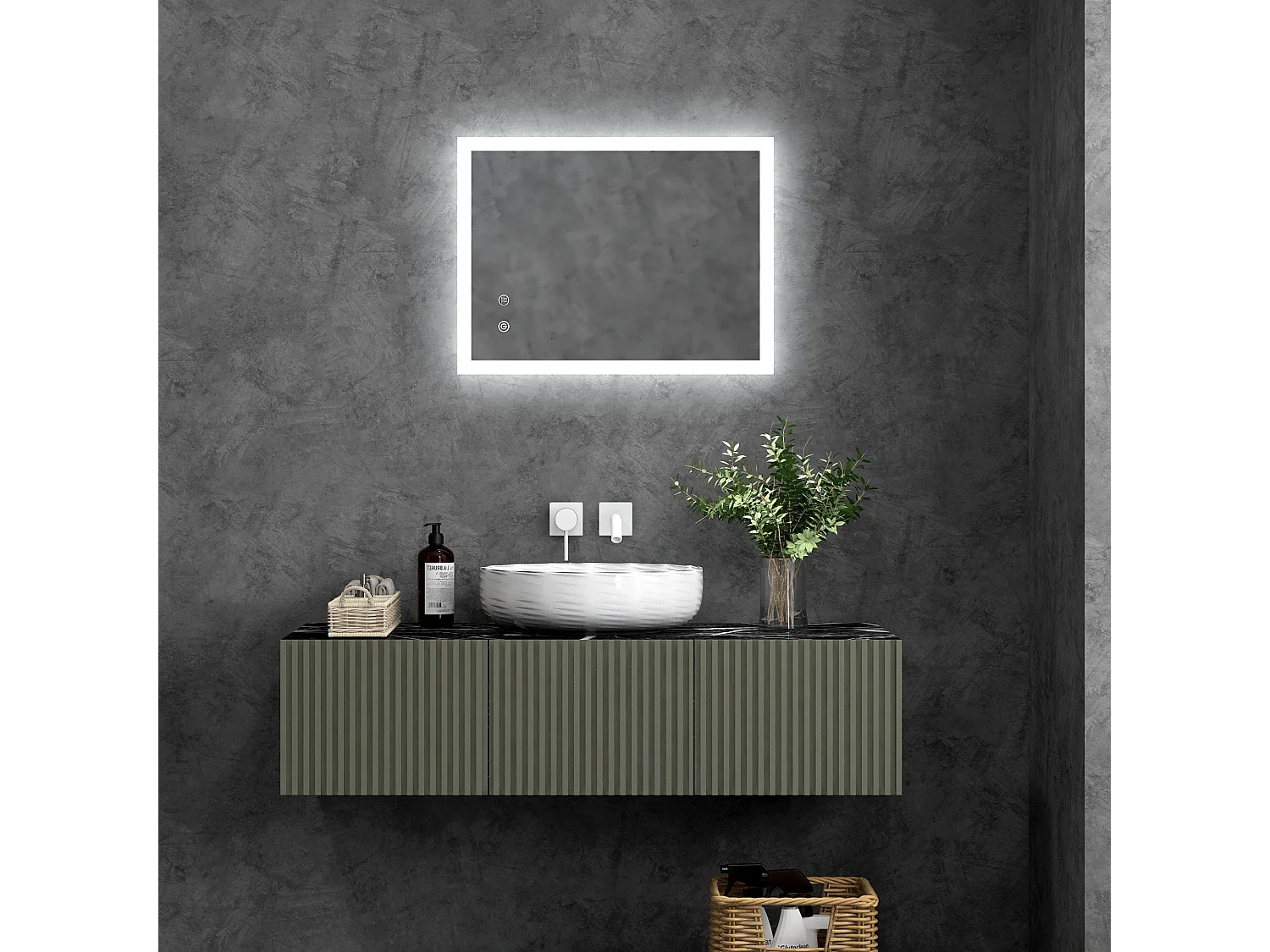 Miroir de salle de bain LED avec éclairage réglable, anti-buée, verre trempé blanc (70x50x3cm)