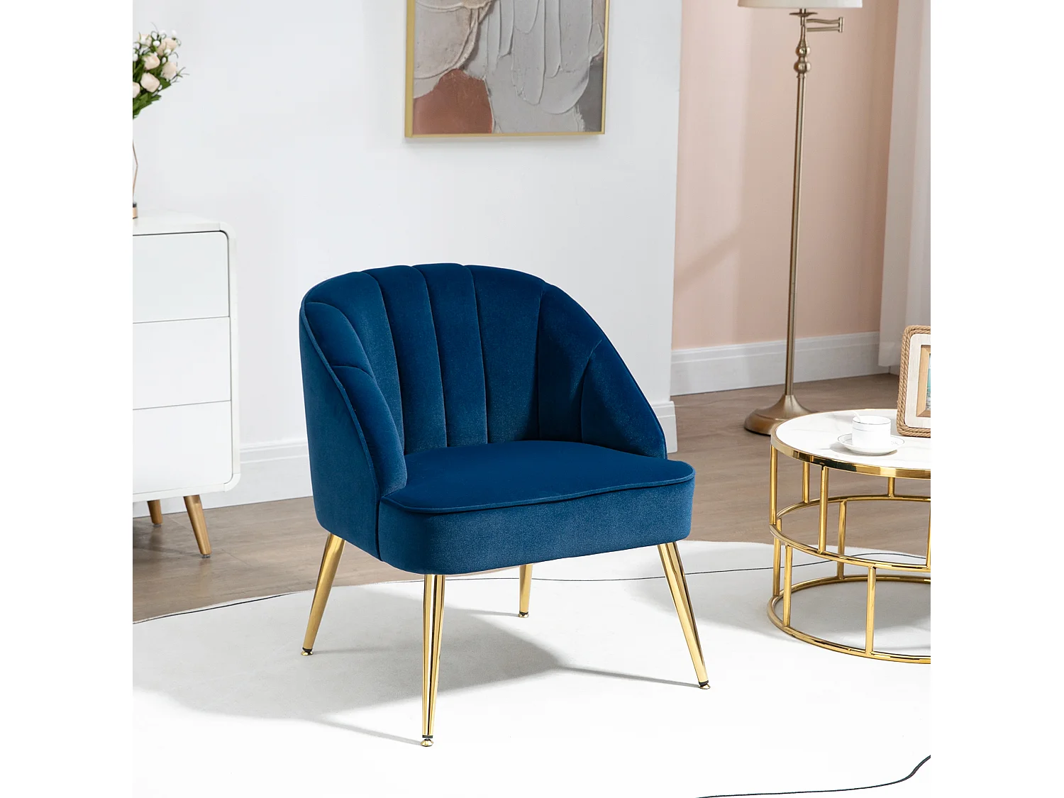 Fauteuil met vleugels, retrostijl, stof met fluweeleffect, metalen poten, blauw (65x64x77 cm)