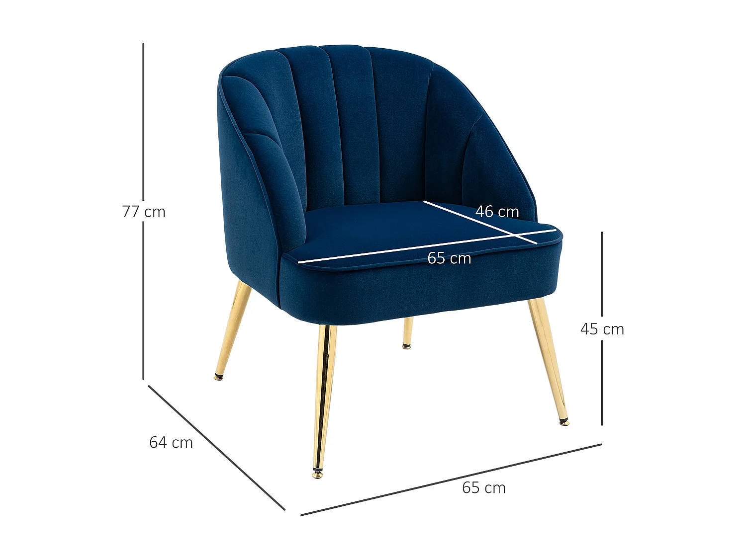 Fauteuil met vleugels, retrostijl, stof met fluweeleffect, metalen poten, blauw (65x64x77 cm)