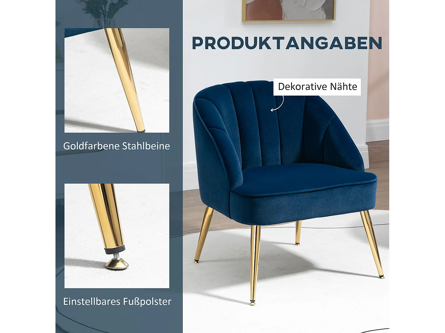 Fauteuil met vleugels, retrostijl, stof met fluweeleffect, metalen poten, blauw (65x64x77 cm)