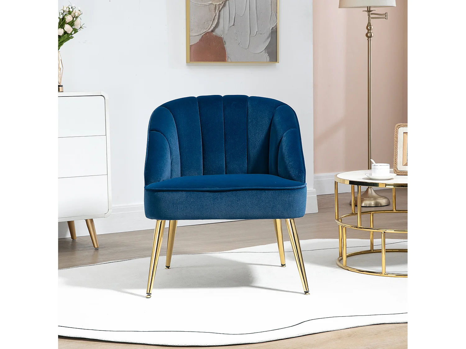 Fauteuil met vleugels, retrostijl, stof met fluweeleffect, metalen poten, blauw (65x64x77 cm)
