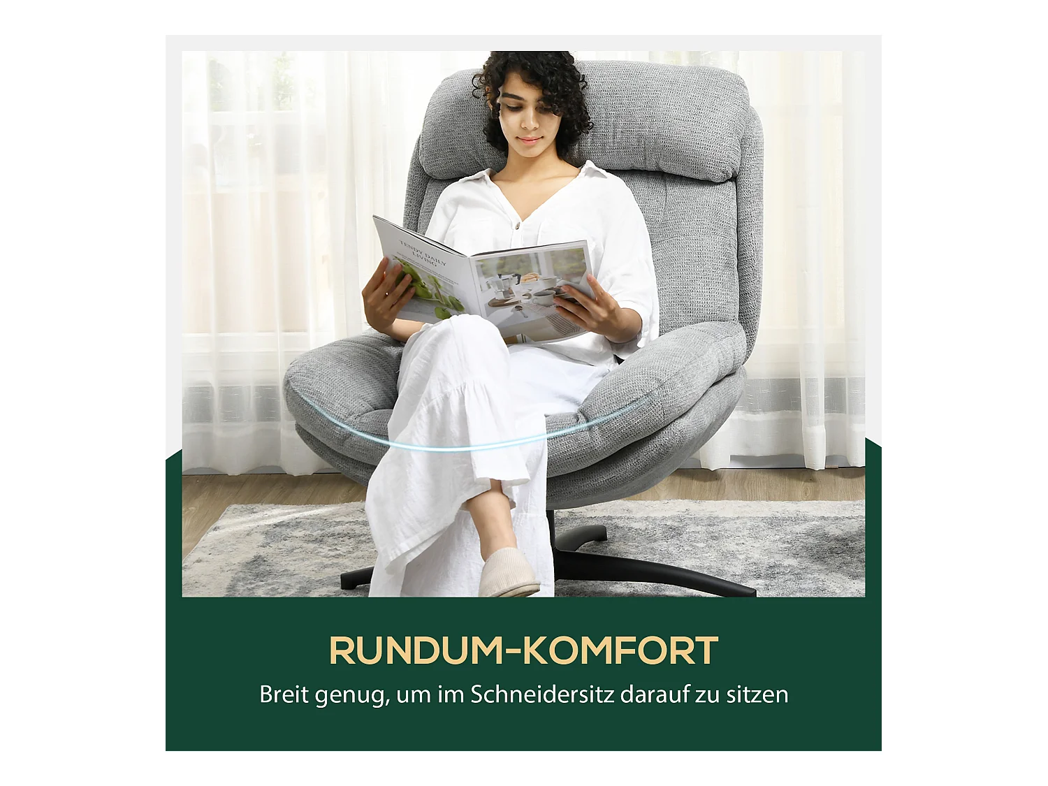 Draaifauteuil, waterafstotende chenillestof, geïntegreerde armleuningen, zwarte stalen poten, grijs (79x91x98cm)