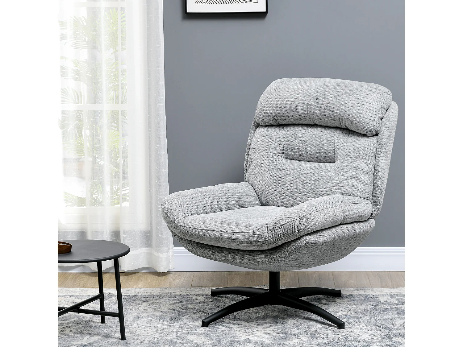 Poltrona girevole, tessuto ciniglia idrorepellente, braccioli integrati, gambe in acciaio nero, grigio (79x91x98cm)