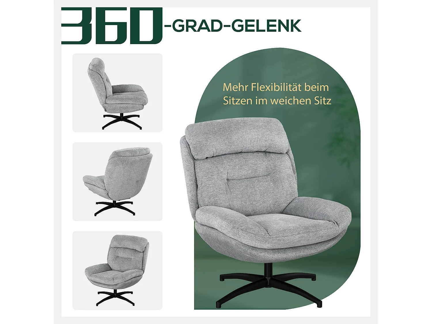 Poltrona girevole, tessuto ciniglia idrorepellente, braccioli integrati, gambe in acciaio nero, grigio (79x91x98cm)