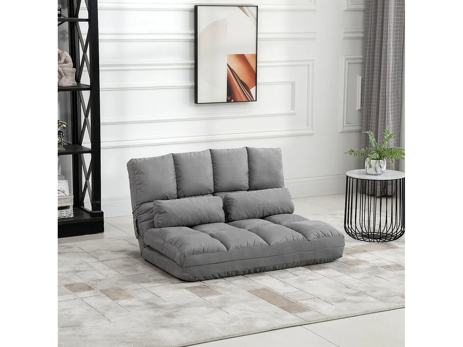 Fauteuil convertible 2-en-1 avec dossier ajustable, tissu en velours gris, structure en métal (102x73x60 cm)