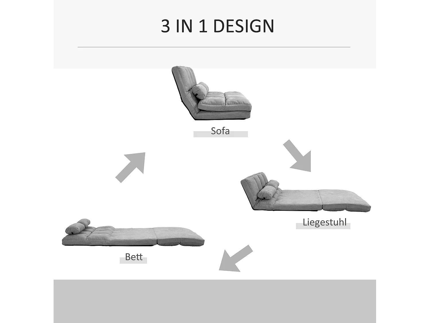 Fauteuil convertible 2-en-1 avec dossier ajustable, tissu en velours gris, structure en métal (102x73x60 cm)