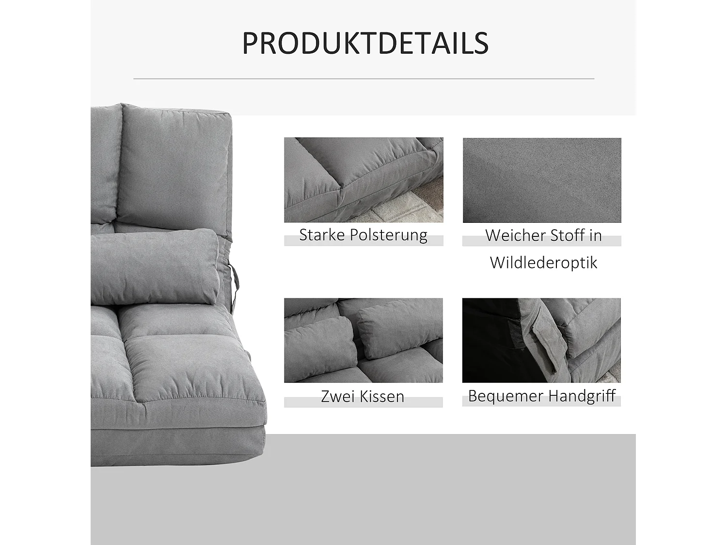 Fauteuil convertible 2-en-1 avec dossier ajustable, tissu en velours gris, structure en métal (102x73x60 cm)