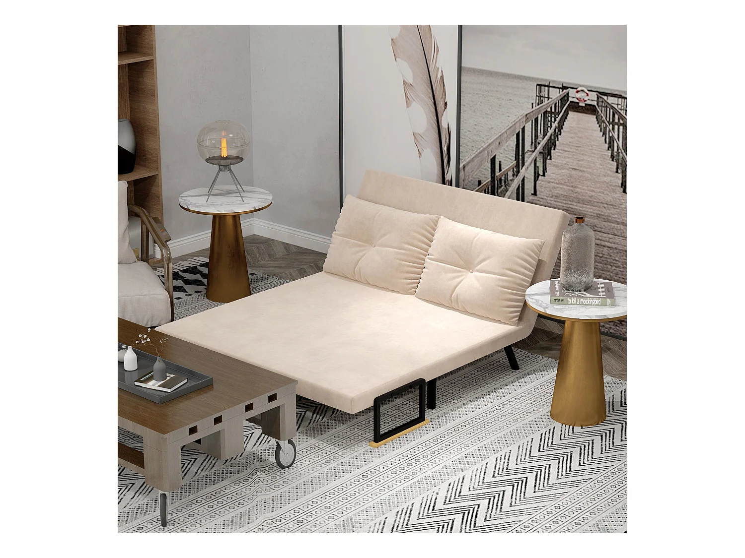 Poltrona relax trasformabile in letto, schienale regolabile, con cuscino, poliestere, beige (102x73x81 cm)