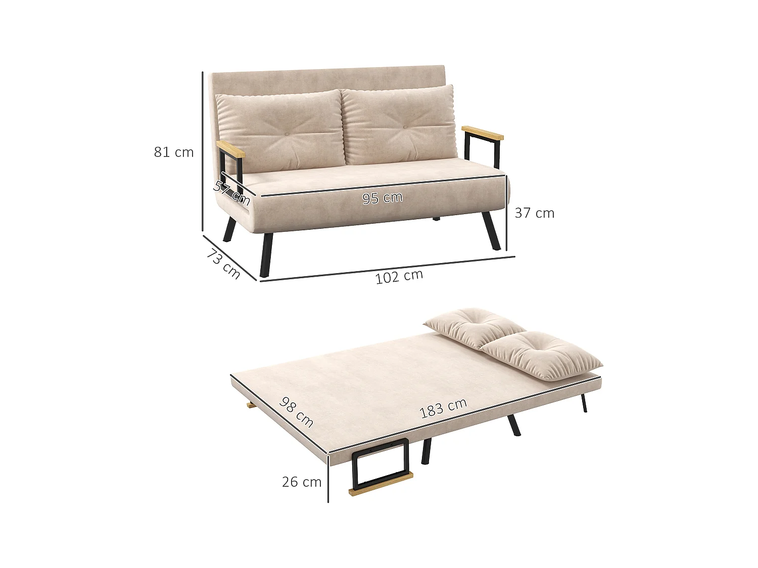 Poltrona relax trasformabile in letto, schienale regolabile, con cuscino, poliestere, beige (102x73x81 cm)