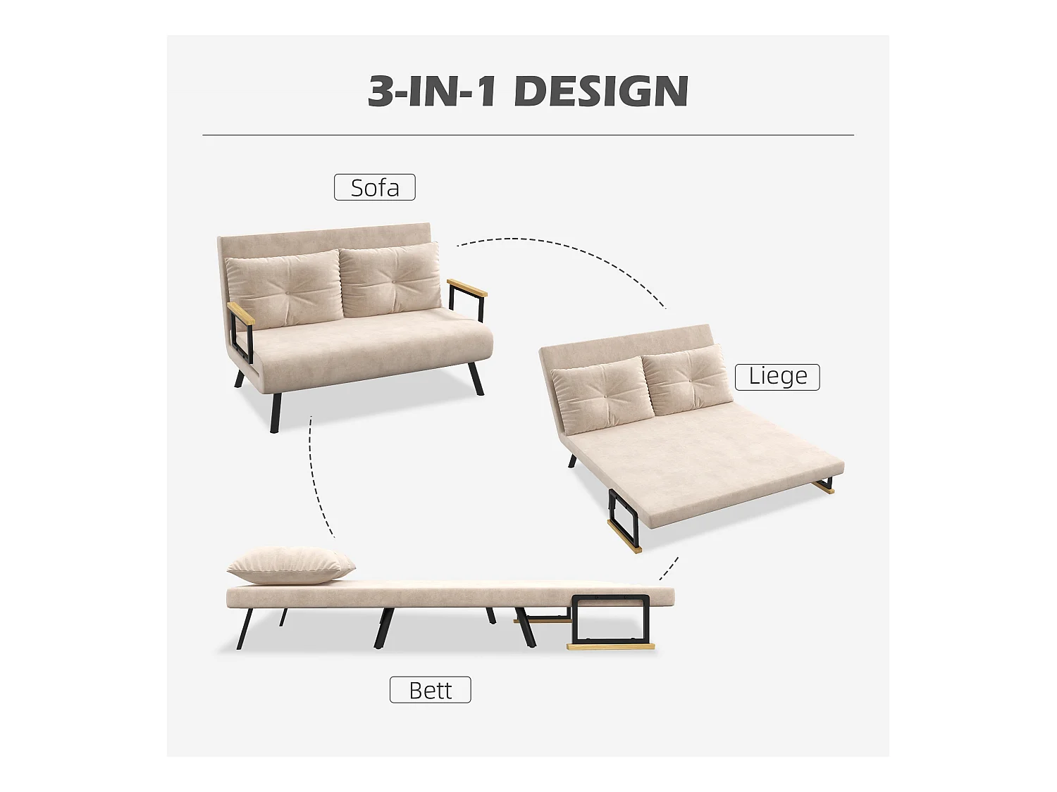 Poltrona relax trasformabile in letto, schienale regolabile, con cuscino, poliestere, beige (102x73x81 cm)