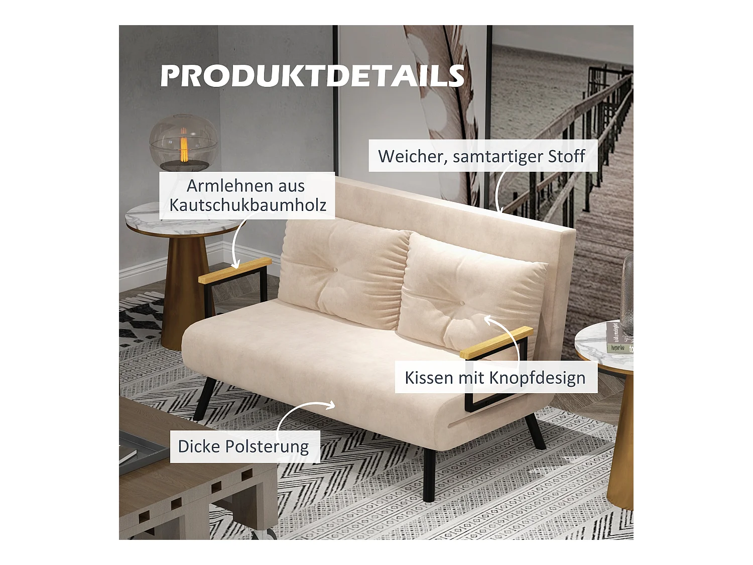 Poltrona relax trasformabile in letto, schienale regolabile, con cuscino, poliestere, beige (102x73x81 cm)