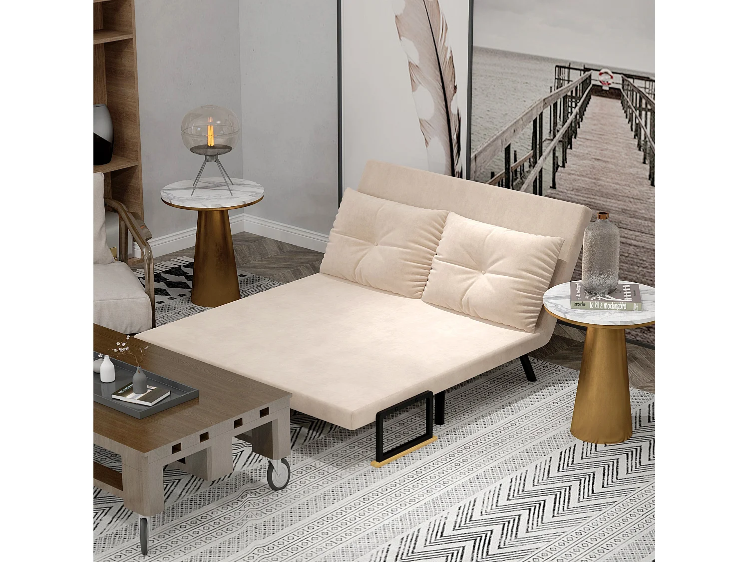 Fauteuil relax convertible en lit, dossier ajustable, avec coussin, polyester, beige (102x73x81 cm)