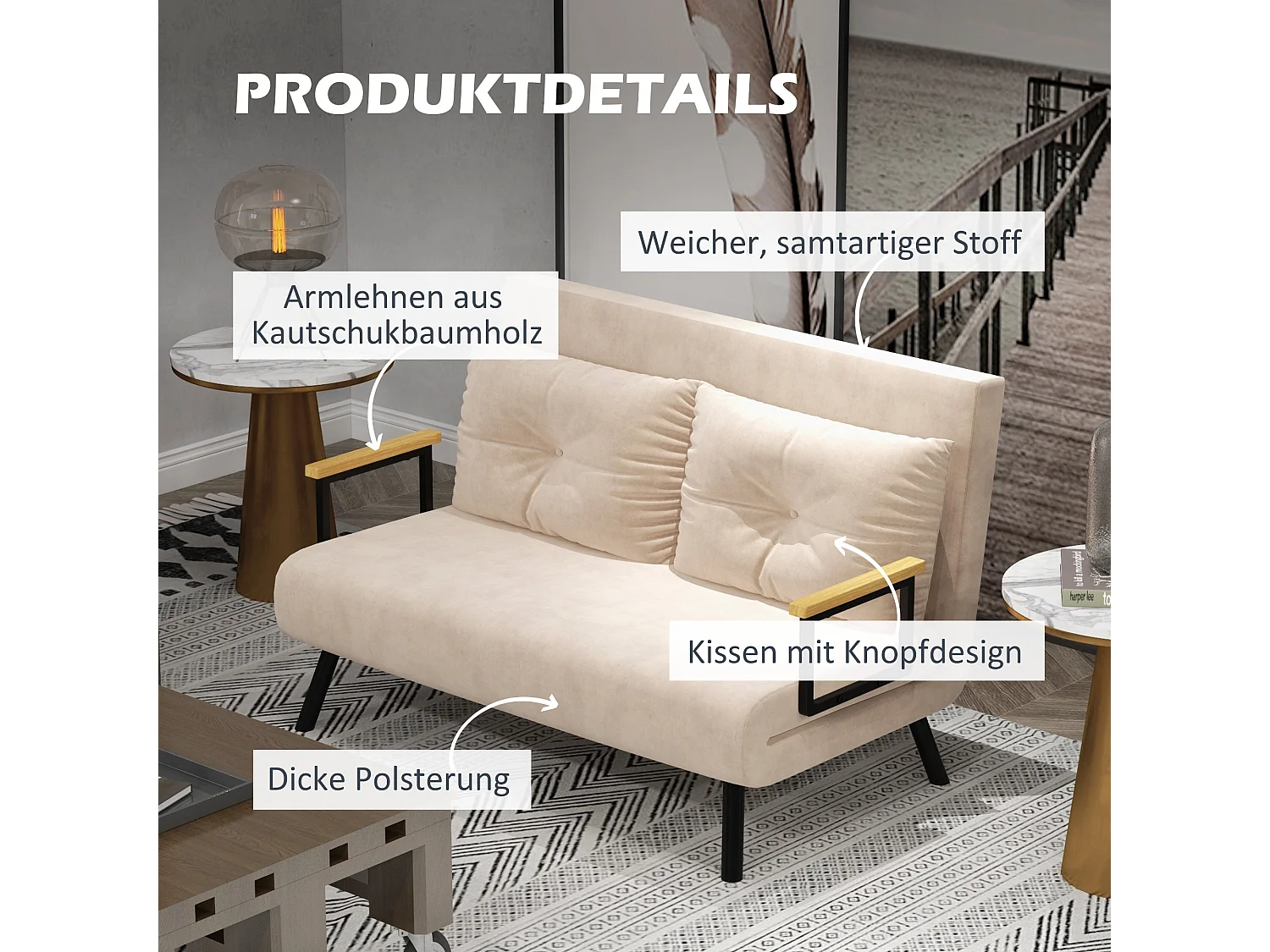 Fauteuil relax convertible en lit, dossier ajustable, avec coussin, polyester, beige (102x73x81 cm)