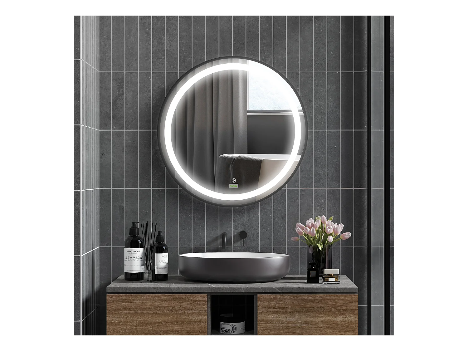 Miroir salle de bain LED rond, 3 couleurs lumière, fonction tactile et mémoire, aluminium, noir (60x60x4cm)